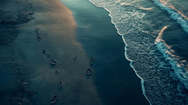 Footprints in Dark Sand on a Beach at Sunset