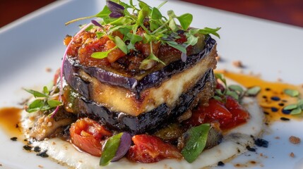 Eggplant Tower Stacked Elegance on White with Topped with Herbs.