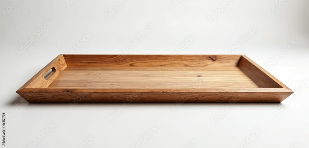 Poster wooden tray isolated on white background. perspective view of empty brown tray with handle. ideal di