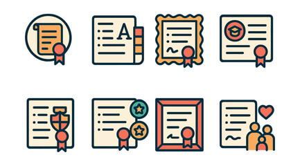 Flat vector icons of customized diplomas: personalized diploma design badge, custom diploma fonts selection, custom diploma border decoration, alumni personalized diploma badge, school crest on