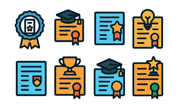 Flat vector icons of achievements beyond diplomas: post-graduate certificate badge, specialist diploma after master&rsquo;s degree, academic conference award, research project diploma badge, alumni