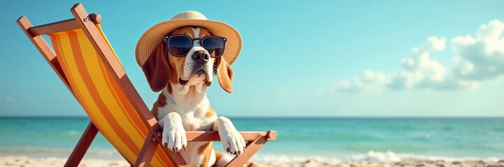 Beagle dog wearing a straw hat and black sunglasses relaxing on a yellow and orange striped beach chair on a sunny beach. Panoramic view. Summer, vacation, pet fun, sun protection for pets