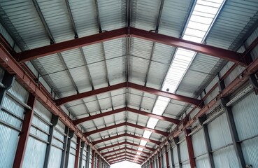 Fototapeta premium Perspective view of factory warehouse metal construction with insulated roof. Industrial architecture, steel framework design, metal structure with skylights, geometric patterns. Modern construction,