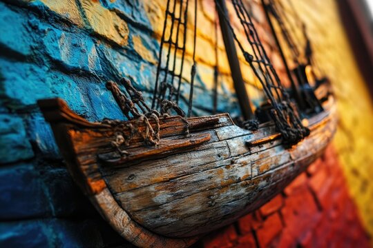 Weathered wooden ship model, detailed craftsmanship, against a vibrant brick wall. - Powered by Adobe