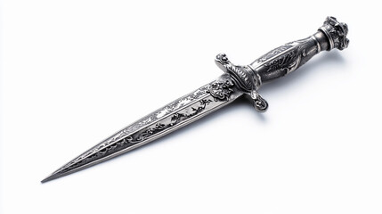 Ornately designed silver dagger with intricate detailing on the handle and blade displayed on a white background