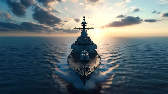 A high-tech European warship with a sophisticated missile defense system positioned on its deck, stationary in open waters, with radar arrays scanning the horizon for threats.