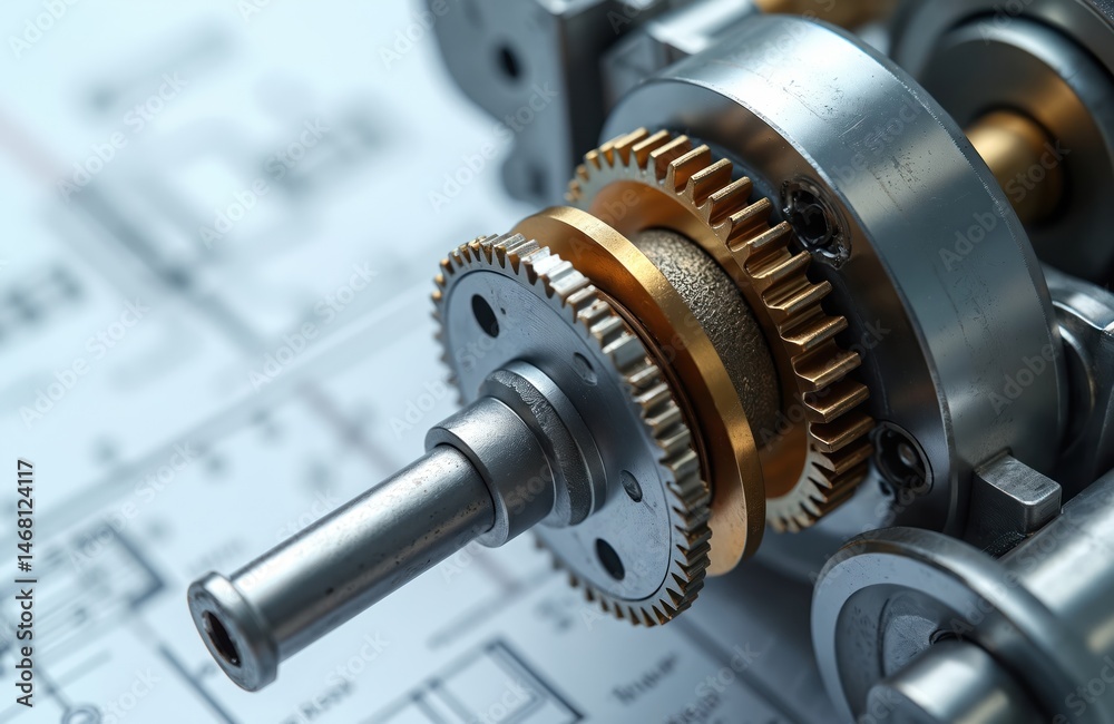 Aufkleber close-up view of complex machine part featuring metal gears, shaft. technical design with blueprint 