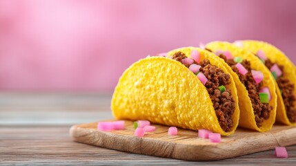 Tasty Tacos Ground beef with crunchy shells, and colorful onions on wood board.