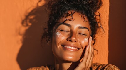 Woman applying sunscreen, sunny wall, summer, skincare