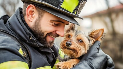 Joyful firefighter holding a small dog in a loving embrace, showcasing the bond between humans and pets, symbolizing compassion and nurturing in a time of crisis