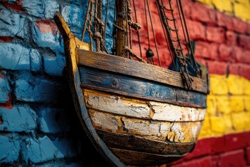 Weathered wooden sailboat model against a vibrant, multicolored brick wall.