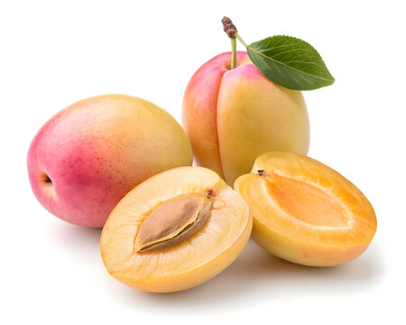 Fresh aprium fruit, Plums with Leaf on White Background
