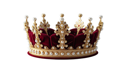 Elegant royal crown with gold embellishments pearls and burgundy velvet isolated on black