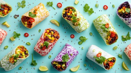 Colorful Vegan Burrito Fiesta Delicious Wraps on Light Blue Background.