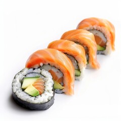 A sushi roll sliced into pieces salmon and avocado isolated on white .