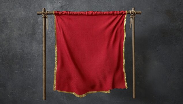 Red banner draped on wooden poles