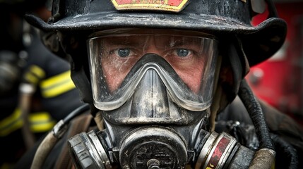 Fototapeta premium Brave Firefighter in Protective Gear Demonstrates Courage and Resolve During Intense Emergency Response Operations and Firefighting Challenges