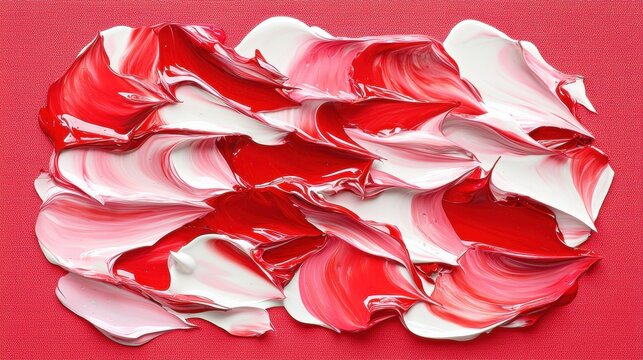 A vibrant abstract painting of red and white swirls and splashes on a solid red background.
