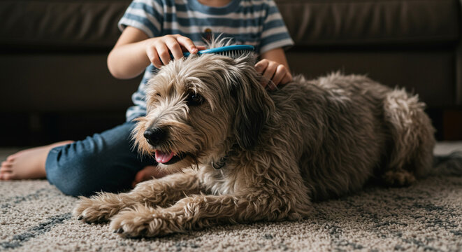Grooming a dog at home: child brushing a wirehaired pointing griffon pet on the carpet in living room