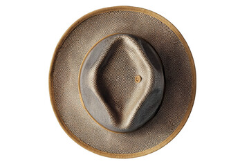 Stylish brown woven fedora hat summer fashion accessory sun top view straw on transparent background