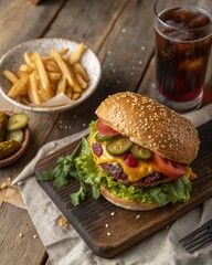 Juicy Cheeseburger with Fries and Soda on Rustic Wooden Table in Natural Light Top View
Cheeseburger Meal Photo, Burger and Fries Top View, Fast Food Lunch Setup, Rustic Burger Scene

