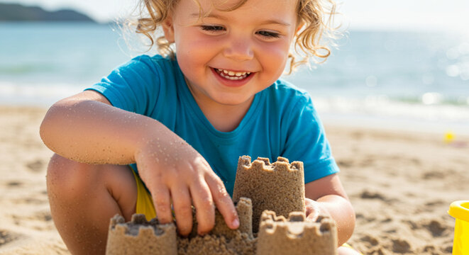 Child building sandcastle on beach: summer vacation fun, family travel, kids activities, beach day happiness