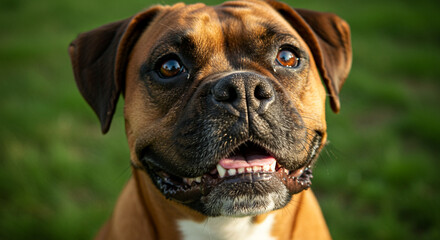 Close up portrait of a cute boxer dog breed outside on green grass looking at the camera with a smile