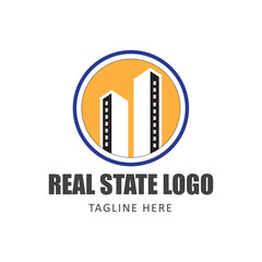 Modern Real Estate Logo Vector with Skyscraper Icon in Circle Badge Design