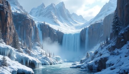 Epic winter wonderland illustration features frozen waterfall. Serene landscape, snow-covered mountains, ice formations, calm river. Cold season beauty, travel destination, ideal for seasonal