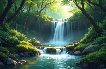 Obraz premium AI-generated illustration of forest oasis. Waterfall with clear stream surrounded by lush green plants. Serene, tranquil, idyllic nature scene. Refreshing peaceful environment. Calm flowing water.