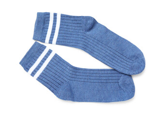 Pair of blue socks isolated on white, top view