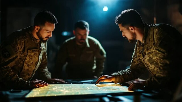 A dramatic war room scene inside a temporary headquarters, where military personnel analyze a map under the dim glow of tactical lighting.