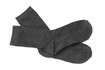 Pair of grey socks isolated on white, top view
