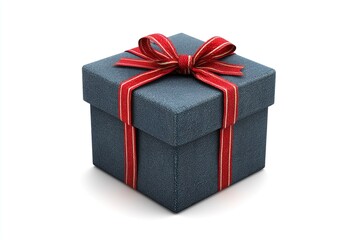 Obraz premium textured blue gift box tied with vibrant red and white ribbon set against clean white background