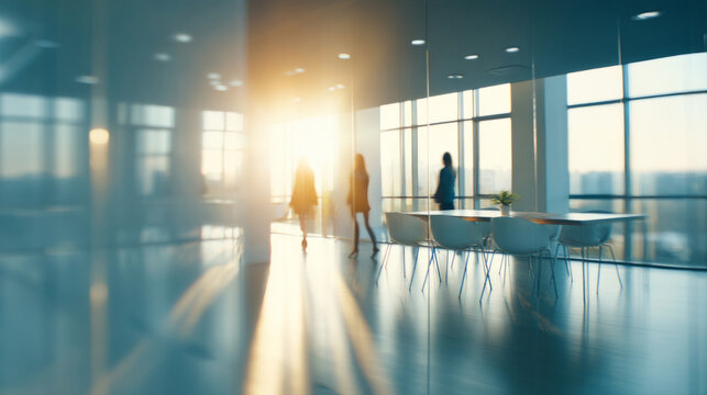Silhouetten in Bewegungsunsch&auml;rfe in modernem B&uuml;ro bei Sonnenuntergang, gro&szlig;e Fensterfronten, Glasw&auml;nde, elegante Gesch&auml;ftsatmosph&auml;re mit Tiefenunsch&auml;rfe und Lichtakzenten. 