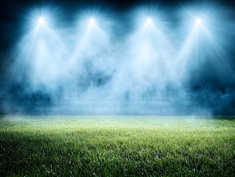 Dramatic Night Stadium, Green Field, Spotlights, Smoke