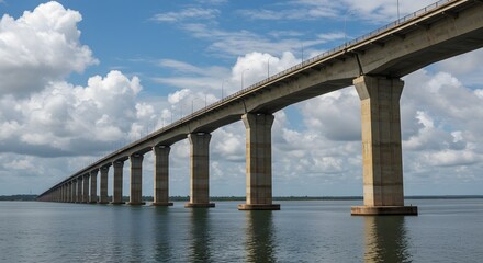 Fototapeta premium Long Concrete Bridge Crossing Water with Cloudy Blue Sky Above
