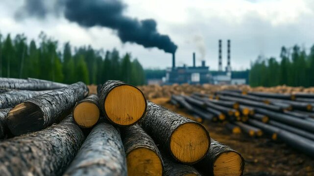 A factory emitting thick smoke sits in the background of a clear-cut forest, with piles of logs in the foreground, highlighting the relationship between industrial expansion and fo