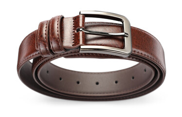 One brown leather belt isolated on white, above view