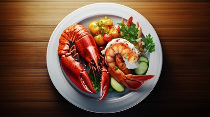 Plate of food with a lobster and shrimp on it. The plate is white and the food is colorful