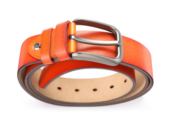 One orange leather belt isolated on white, above view