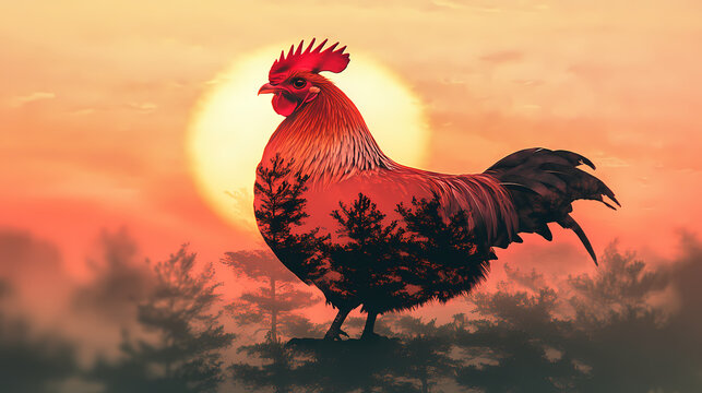 Mystical double exposure: hahn rooster's silhouette blends with sunrise, creating surreal avian art. [Mirrored Realities] | Mirrored Dusk | shadow double. Illustration