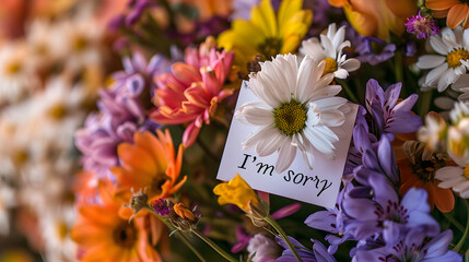 bouquet of flowers close-up with the inscription "i'm sorry"