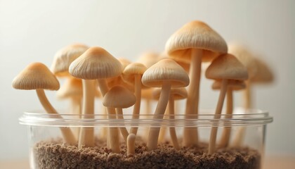 Freshly cultivated magic mushrooms, psilocybin at home in transparent plastic container. Hallucinogenic shrooms, natural medicine for therapy, psychedelic substance, alternative treatment. Closeup,