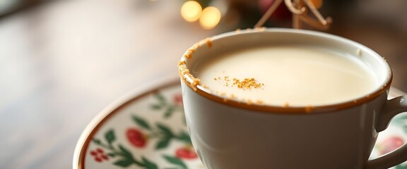 cup of milk sitting on top of a saucer