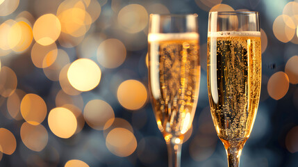 Two glasses of champagne close-up on a dark background with copy space bokeh, Christmas banner with space for text