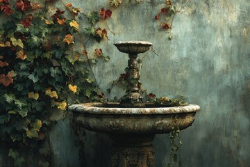 Ancient stone fountain with ivy, showcasing autumnal leaves against a weathered wall.