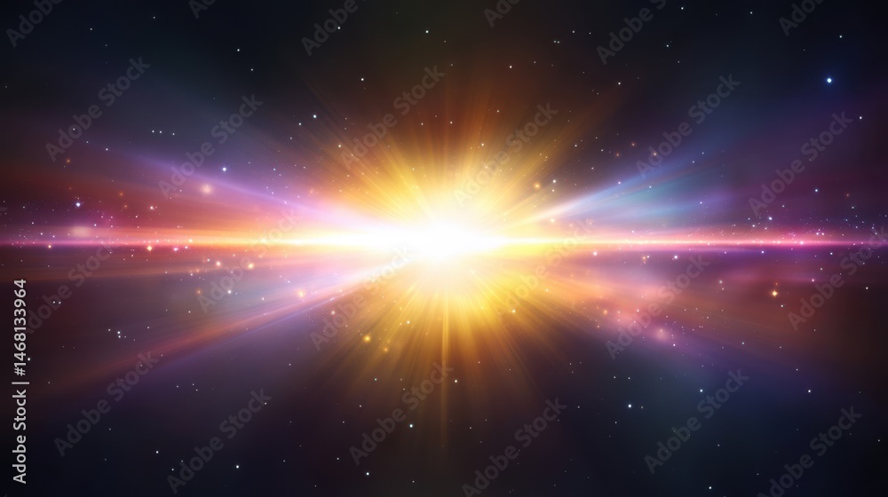 Poster subtle cosmic radiation field with high-energy photon streams and glowing particles in deep space.