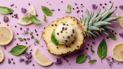 Pineapple Treat Ice Cream in a Pineapple with Lemon, and Basil  Flowers.