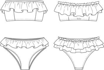 womens ruffle trim bandeau bikini set strapless tube top two piece swim suit flat sketch vector illustration technical cad drawing template
